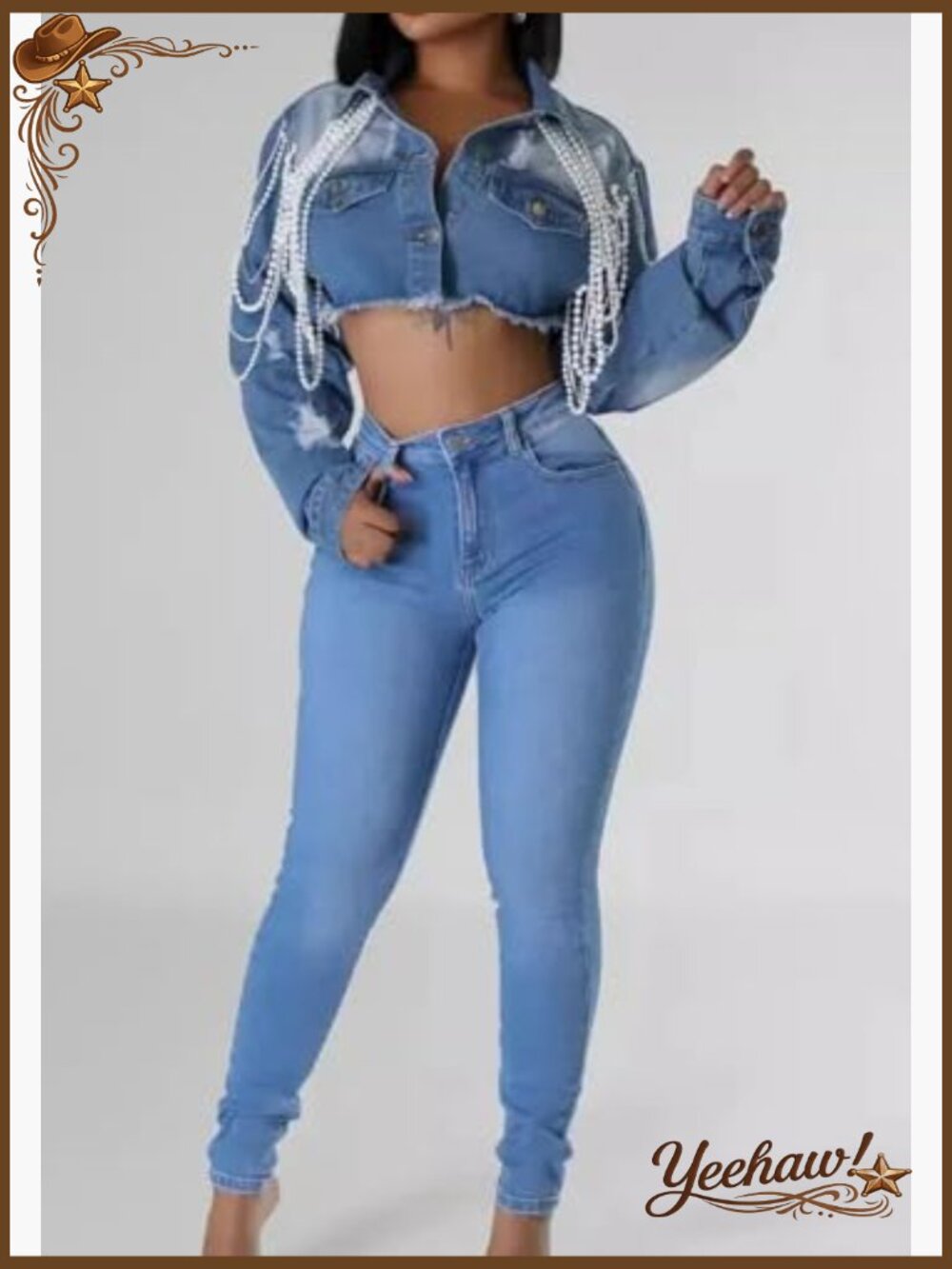 Cropped Denim Jacket Long Sleeve Trendy Pearl Distressed Crop Top Jean Jacket - Picture 3 of 6